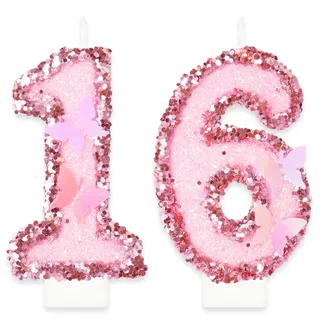 Geburtstagskerzen Zahlen 16, Schmetterling Kerzen Geburtstag, Personalisierte Manuell Geburtstagskerzen, Rosa Pailletten Kuchendeko, Tortendeko 16 Geburtstag für Frauen Mädchen Geburtstags Jubiläum