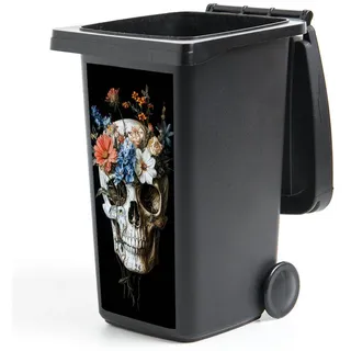 MuchoWow Wandsticker Blumen - Totenkopf - Farbenfroh (1 St), Mülltonnen-Aufkleber, Mülleimer, Mülltonne, Sticker, 44x98 cm 44 cm x 98 cm x 0.1 cm