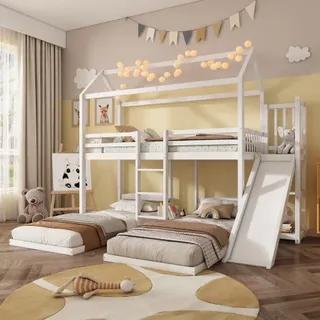 [n622t148589w]etagenbett, Kinderbett, Stabile Bettrahmenkonstruktion, Mit Rutsche, Einzigartiges Dachdesign, Design Mit Drei Schlafplätzen, Stauraum Im Oberen Bett, Kiefer+mdf, Weiß, 90x200cm