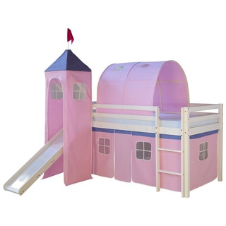 Homestyle4u Hochbett Spielbett Kinderbett Rutsche Turm pink 90x200 (Bettvorhang waschbar bei 30 Grad Maschinenwäsche)