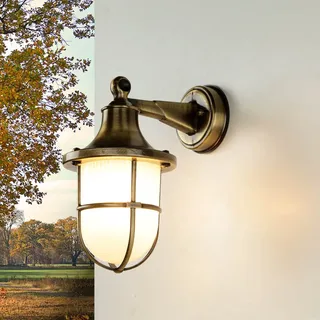 Licht-Erlebnisse Außenleuchte Wand Echt-Messing Glas in Messing Antik IP64 Haustür Garten T:22 cm E27 Laterne Rustikal Maritime Wandlampe Outdoor