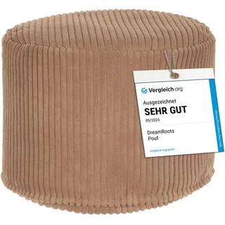 DreamRoots Runder Cord Pouf Hocker 380 g/m2 als Bequemer Bodenstuhl und Vielseitiges Sitzkissen Boden für Wohnzimmer Schlafzimmer oder Homeoffice 35x35x25 cm Brown Bear