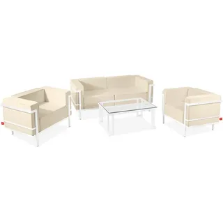 Konsimo Gartenlounge-Set TRIGLO Gartenmöbelset hergestellt in der EU, (4-tlg., 1x Tisch, 2x Sessel, 1x Sofa 2-Sitzer), Modern, handgefertigt, Stahlrahmen, mit Auflage braun|weiß