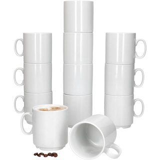 MamboCat Event 12er Set Kaffeebecher I 250 ml weiße Porzellan-Becher mit Henkel 12 Personen I stapelbare Tassen für Heißgetränke wie Tee, Kakao, Latte Macchiato & Co I schickes Kaffee-Geschirr