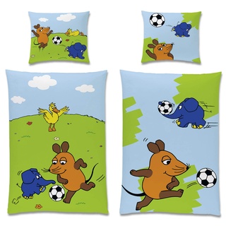 BERONAGE Die Sendung mit der Maus Kinder-Bettwäsche Fussball 135 x 200 + 80 x 80 cm 100% Baumwolle Linon Maus Elefant Ente Bettzeug Bett-Bezug Kissen-Decken-Bezüge Fußball-Turnier deutsche Größe