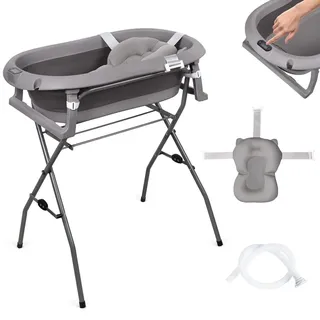 moovkee Babybadewanne mit Gestell 80cm Dunkel Grau Faltbar mit Thermometer, Badekissen und Abflusssystem – Babywanne für Neugeborene mit Ständer - Grau