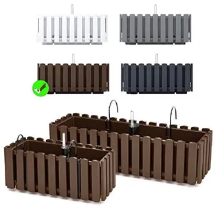 Blumenkasten Blumentopf Balkonkasten Latten-Optik mit Halterungen Wasserspeicher Pflanzkasten Pflanzgefäß inkl. Aufhängung Lattenzaun-Design (380 Braun)