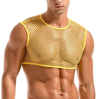 Amy Coulee Herren Bauchfreies Netz Shirt Mesh Crop Top | Fischnetz, Neon, Durchsichtig, Netzoberteil, Netzshirt, Tank Top, Netzhemd, Rave, Club, Sexy, Cropped, Ärmellose - XL