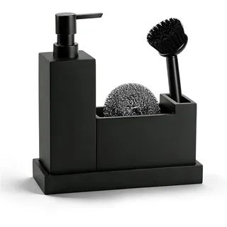 Spülbecken Organizer schwarz Set 5-teilig - Küchen Organizer Spüle aus Kunststein - inkl. Spülmittelspender, Tablett, Schwammhalter, Bürste, Schwamm - Spülorganizer fürs Spülbecken - Küchen Organizer