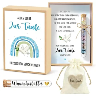 Wiladu Spardose Taufe Geschenkbox Taufgeschenk Reagenzglas Jutesäckchen blau