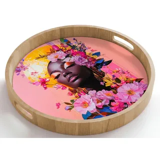 OnlyWow Tablett Rund mit Henkel Bunt - Blumen - Frau - Sonne, Eichenholz, (1-tlg), Servierbrett Groß, Tischdeko, Platte, Tisch Deko 50 cm x 50 cm x 5 cm