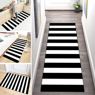 ZDYHMrj Teppich Läufer schwarz weiß gestreift rutschfest Küchenläufer Korridor Teppichläufer, Modern Geometrisch Waschbar Läufer für Wohnzimmer Schlafzimmer, Breite 60cm/ 70cm/ 80cm/ 90cm/ 100cm