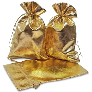 Frau WUNDERVoll® 12 Geschenksäckchen Gold 20 x 13 cm Adventskalender Säckchen Metallic Stoffbeutel zum Basteln und befüllen Gastgeschenk Hochzeit