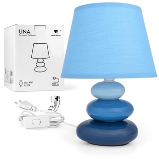 Nachttischlampe "Lina" (blau) Tischleuchte Keramik Tischlampe mit Stoffschirm, LED geeignet, E14, 230V Keramik Tischlampe, Nachttischleuchte