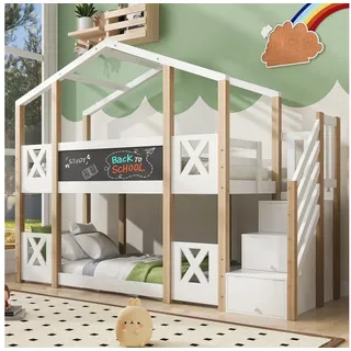 Flieks Etagenbett, Hochbett Hausbett Treppe mit 3 Schubladen Kiefer 90x200cm 96 cm x 256 cm x 205 cm