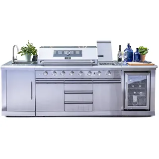 Ondis24 Outdoor-Küche Outdoorküche Gasgrill Kühlschrank Spülbecken Edelstahl Innenbeleuchtung 6 Brenner Außenkochfeld Kreamik Backburner Drehspieß