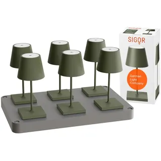SIGOR Nuindie mini 3.0 LED Akku-Tischlampe, 6er-Set mit Ladestation, tannengrün
