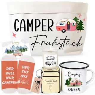 Camper Geschenkeset Frauen, Camping Geschenke Wohnmobil - "Camper Frühstück" Brotkorb | Tasse | Socken Baumwolle | Duftkerzen | Schlüsselanhänger | Karte