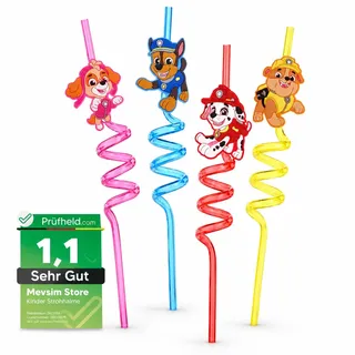 [ Test SEHR GUT, Note 1.1 *] Paw Patrol Kinder Strohhalme – 4er Set wiederverwendbare Spiral Trinkhalme aus Kunststoff – Bunte Strohhalme für Kindergeburtstag, Party Deko, Schule & Feiertage