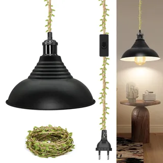 ZRLXFM Vintage Hängelampe mit Stecker, Pendelleuchte Kit Hängeleuchte mit 5.1M Hanfseil Kabel und Schalter, E27 Lampenfassung, Metall Lampenschirm Hängelampe, 5m grünes Dekoband