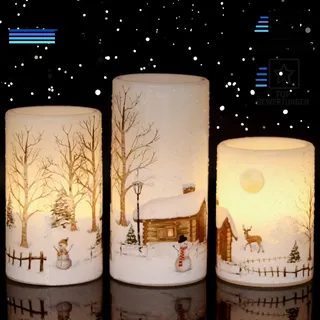 Weihnachtskerzen LED Schneemann-Motiv 3er Set mit Timerfunktion Deko Weihnachten