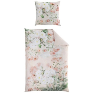 Bettwäsche DAISY, 135 x 200 cm, Rosa, Grün, Weiß, Blumen, casa NOVA, Satin, 2 teilig, mit Reißverschluss grün|rosa