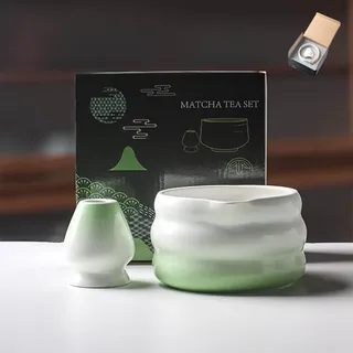 Matcha-Schüssel-Set aus Keramik, Matcha-Schneebesenhalter und Schüssel mit Ausgießer, handgefertigtes Wellenmuster, Farbverlauf, glasiertes Porzellan, traditionelles japanisches