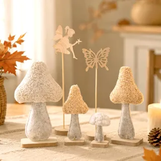 EASY JOY 6 Stück Herbst Pilz Deko Set | Holz Tischdekoration mit Schmetterling, Feen und Filzpilzen, Handgemachte Optik Deko Figuren für Herbst und Kinderzimmer