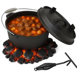 QLS Gusseisen Feuertopf 6 L Dutch Oven mit Deckel für Grill Lagerfeuer | Massives Gusseisen speichert Wärme gleichmäßig ideal für Suppen Eintöpfe und Schmorgerichte über Grill Glut oder Lagerfeuer