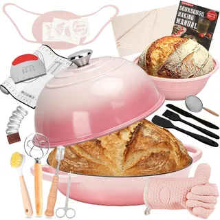 LINMAGCO Gusseisen Brotbacktopf mit Deckel & Gärkorb – Emaille Dutch Oven für Sauerteigbrot – 4,6L Brotform mit Banneton – Komplett-Set zum Backen, Schmoren & Braten – Für Induktion & Backofen(Rosa)