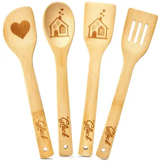 Geiserailie 4er Einweihungsgeschenk Holz Küchenhelfer Set mit Herz Motiv | Kochlöffel und Pfannenwender, Neues Zuhause Geschenk, Lustige Küchenhelfer Set, Einzugsgeschenke, Kochen Geschenk
