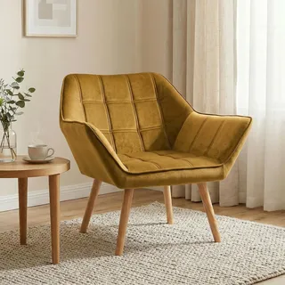 HOMCOM Sessel Wohnzimmer Ohrensessel mit Gummiholzbeine skandinavisch Gelb