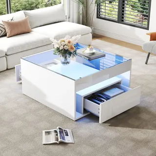 Merax Couchtisch in Hochglanz Weiß, Quadratische Wohnzimmertisch mit LED Beleuchtung, Modern Sofatisch Kaffeetisch mit 2 Schubladen, Glastischplatte, Beistelltische Mitteltisch für Wohnzimmer Büro
