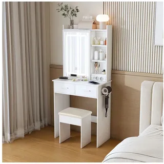 STILVORA Schminktisch mit Spiegel und Hocker Kosmetiktisch mit verstecktem Stauraum Weiß (Eck-Schminktisch mit Schminktisch, Nachttisch und Stuhl, mit transparenten Glasplatte), Einfache Montage weiß