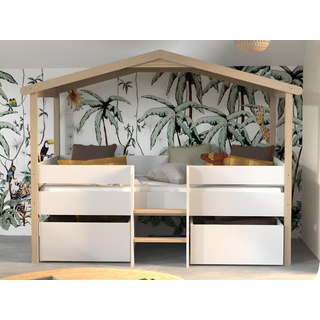Kinderbett Hausbett mit Schubladen + Matratze - Lindenholz - 90 x 190 cm -  Weiß & Eichefarben - SAROSI