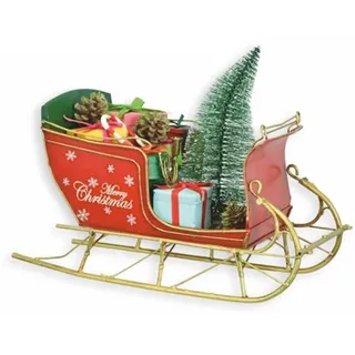 Casa Padrino Deko Blech Weihnachts Schlitten Rot / Grün / Gold 30 cm - Weihnachts Deko
