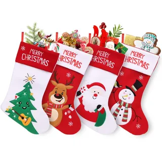 SHAVINGFUN Weihnachtsstrümpfe, 4er-Pack, Cartoon-Weihnachtsmann, Elch, Schneemann, Weihnachtsbaum, personalisierte Weihnachtsstrümpfe zum Aufhängen für den Weihnachtsbaum, Familiendekoration