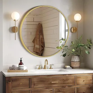 Melodieux Wandspiegel Rund 76 cm Gold Badspiegel Wandspiegel Wohnzimmer Flur