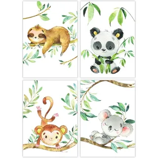 Set aus 4 Dschungel Tiere Poster, Faultier, Panda, Affe, Koala, DIN A4, Wanddekoration für Kinder