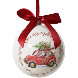 Christmas Decorations Kaemingk Weihnachtskugel Kunststoff 10cm - Christbaumkugel mit Weihnachtsauto Motiv Weihnachtsbaumkugel Christbaumschmuck Weihnachtsbaumdeko bruchfest Weiß Rot