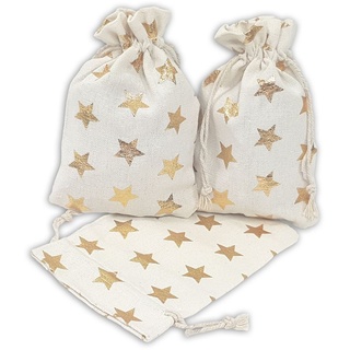 12 Geschenksäckchen weiß, goldene Sterne 15 x 10 cm Baumwolle Adventskalender Säckchen Stoffbeutel zum Basteln und befüllen Gastgeschenk Hochzeit