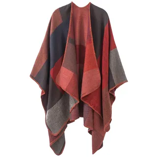 Shmily Girl - Damen Poncho Habe Gestrickt Überdimensionalen Decke Kap-Schal (Plaid/Rot) - Einheitsgröße