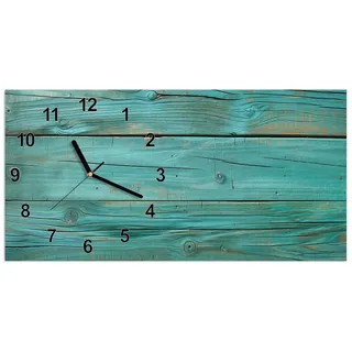 Primedeco Wanduhr Glasuhr Wandkunst Größe 60 x 30 cm mit Motiv Holzplanken Türkis