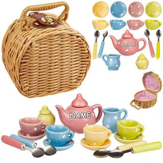 alles-meine.de GmbH 18 TLG. großes Set Picknick Korb - Puppengeschirr/Kaffeeservice & Teeservice - Bunte Punkte - inkl. Name - Geschirr Porzellan/Keramik - Porzellangeschir..