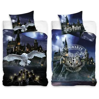 Harry Potter Bettwäsche Set (2-teilig), Flanell - Kinderbettwäsche 135x200 80x80 cm aus 100% Baumwolle mit Reißverschluss - 2 Motive Eule und Ho... - Schwarz/Dunkelblau/Weiß