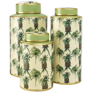 Casa Padrino Luxus Porzellan Dosen 3er Set Ananas Design Grün / Mehrfarbig - Luxus Qualität