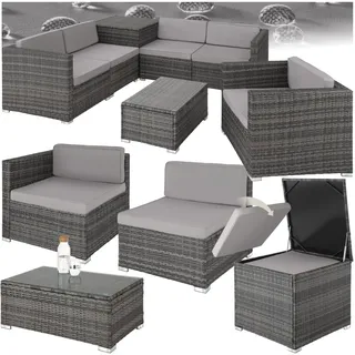 tectake Polyrattan Sitzgruppe mit Aufbewahrungsbox für Polster, Tisch mit Glasplatte, frei zu gruppierendes Gartenmöbel Set, Rattan Lounge für den Garten – Balkonmöbel, Balkonmöbel Kleiner Balkon