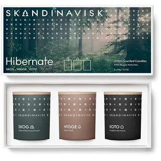 Skandinavisk HIBERNATE Geschenkset mit 3 Mini-Duftkerzen. SKOG 'Wald', HYGGE 'Gemütlichkeit' und KOTO 'Zuhause'. Vegane Formel. 3 x 65 g.