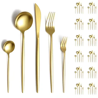Evanda Gold Bestecksets 60 Stück Service für 12, Titanium Gold plated Edelstahl Besteck Set, Messer Gabeln Löffel Besteck Set für Hochzeit, Partys, Geburtstag, Restauroom, spülmaschinenfest