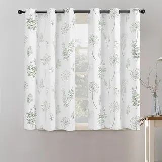XTMYI Kurze Badezimmer-Vorhänge für kleine Fenster, 80% Verdunkelung, Aquarell, Eukalyptus, Wildblumen, Boho-Vorhänge für Küche, Kinderzimmer, 114,4 cm Länge, Salbeigrün und Grau